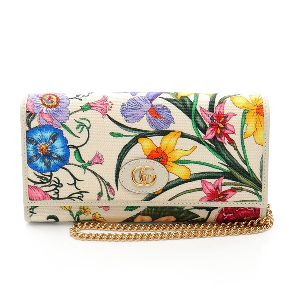 Gucci Limited Edition Flora Wallet on Chain Strap Bag Beige Canvas GG Logo - Picture 1 of 11